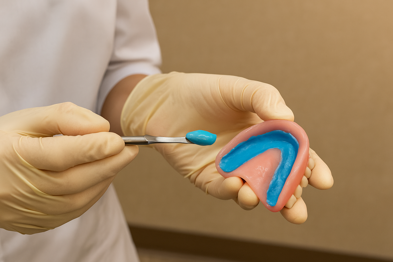 Blue reline paste applied to denture fitting surface