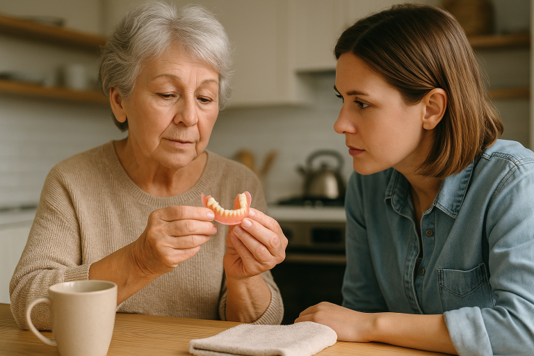 An elderly woman holding a partial denture shows it to a younger woman, seated at a kitchen table in a softly lit, comforting setting
