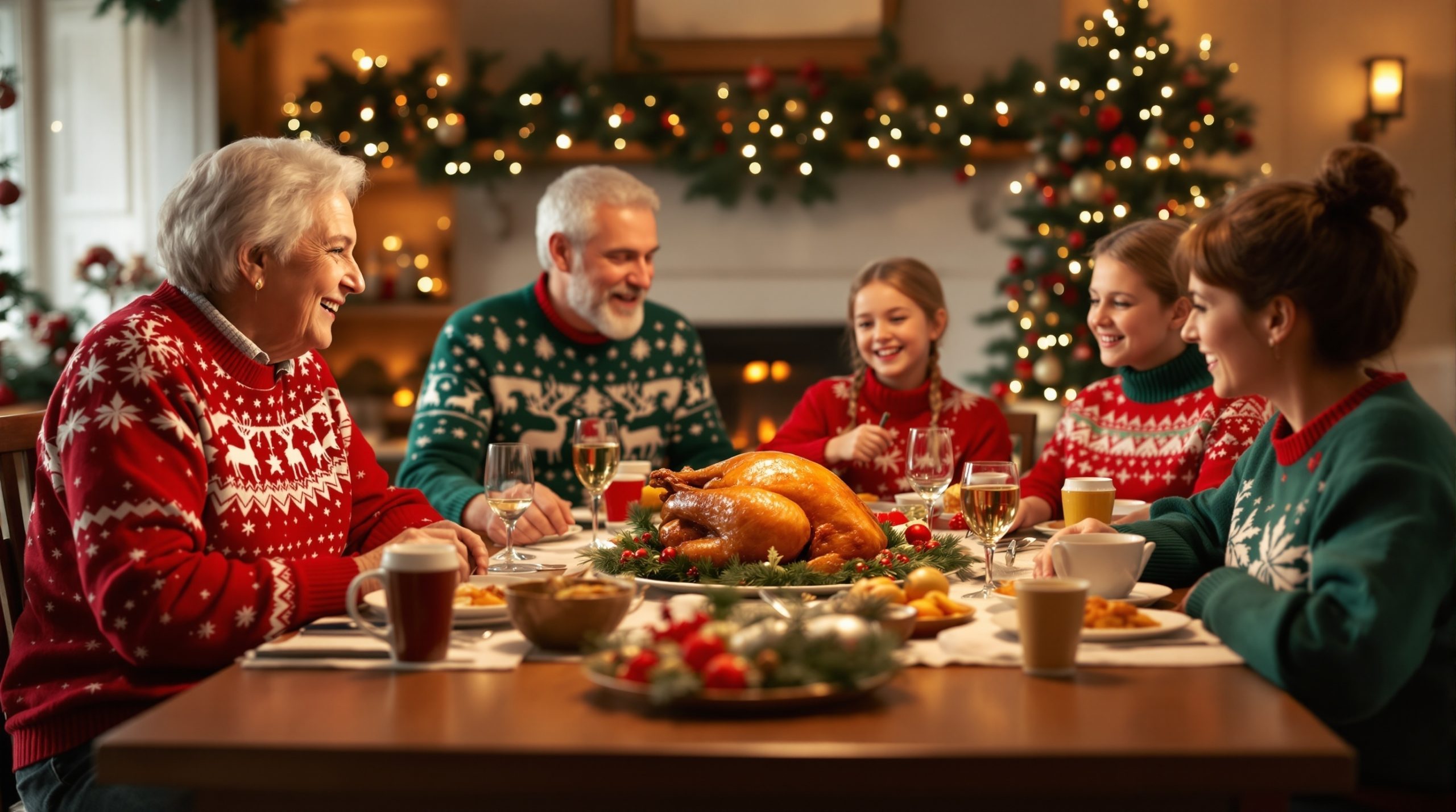 Family enjoying a festive holiday meal around the dinner table.